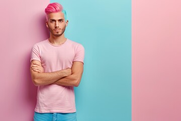 Fototapeta premium Fashionable young blonde male model on soft pastel background with abundant room for inserting text
