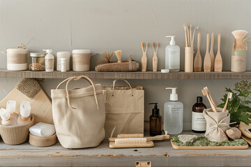 A neatly arranged display of eco-friendly products such as bamboo toothbrushes, reusable shopping bags, and organic skincare items, highlighting their sustainable features.