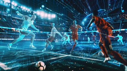 AI powered sports analytics concept with computer vision tracking players in action, showcasing real time performance analysis, and machine learning for enhanced coaching - obrazy, fototapety, plakaty