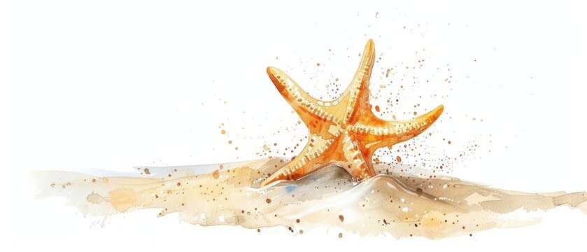 A watercolor painting of a starfish on the beach