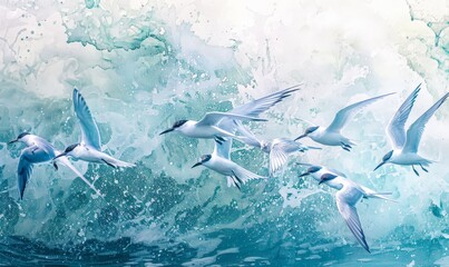 Watercolor painting of a seagull. Seagulls are birds that behave in large flocks. Living along the sea coast
 and some species come to find food in fresh water sources.