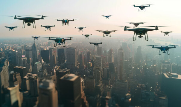 A swarm of drones flies over the city