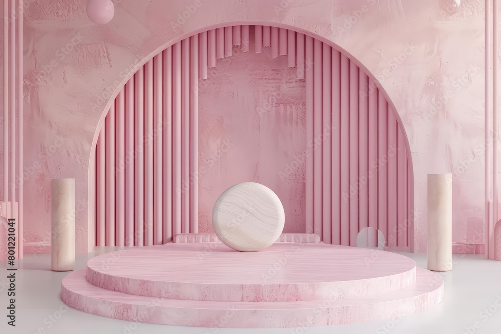 Poster create a 3d rendering of a pink marble podium with a spotlight on it. the podium should be in the ce