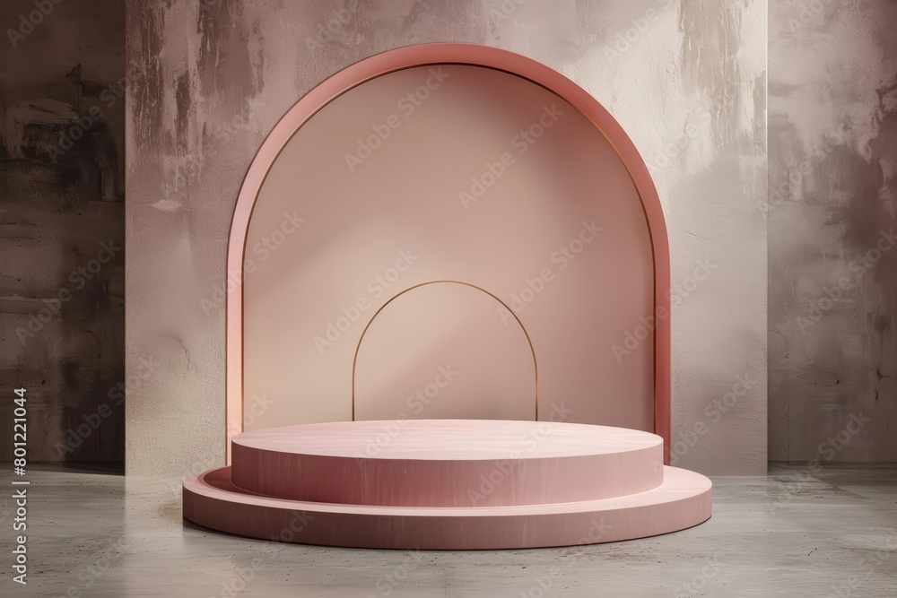 Poster create a 3d rendering of a pink podium with a gold outline in front of a pink concrete wall with a g