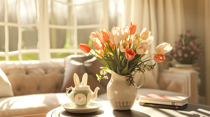 Vase with tulips Easter bunnies and teapot on end table