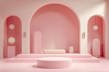 A beautiful 3D rendering of a pink and white podium