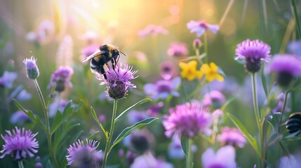 Fototapeta premium Bumblebee pollinates purple wildflowers in lush meadow