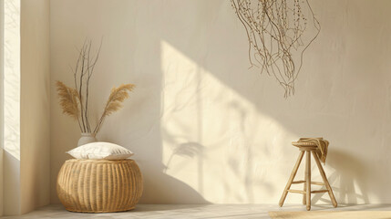 Vase with willow branches rattan pouf and stepladder white