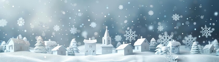 Fototapeta premium A beautiful snowy village scene with a church, houses, and trees covered in snow. The sky is a light blue and the sun is shining brightly. The scene is peaceful and serene.