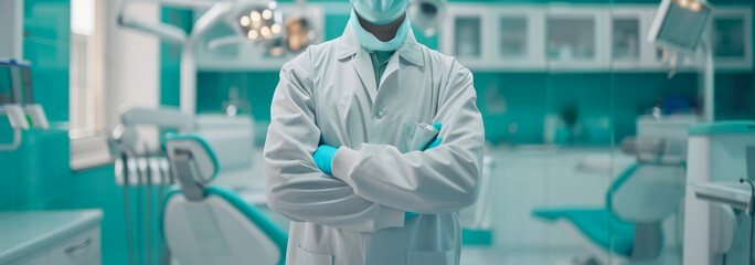 Dentist. a male dentist stands against the backdrop of a dental office.