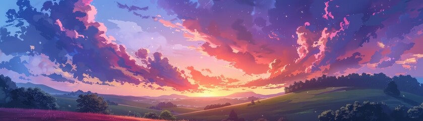 Naklejka premium A beautiful landscape painting of a sunset over a field of flowers