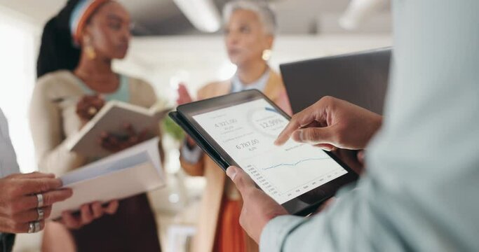 Chart, tablet and hands of business people with graph for statistics, website and planning. Teamwork, meeting and men and women on digital tech for data analysis, finance review or research in office