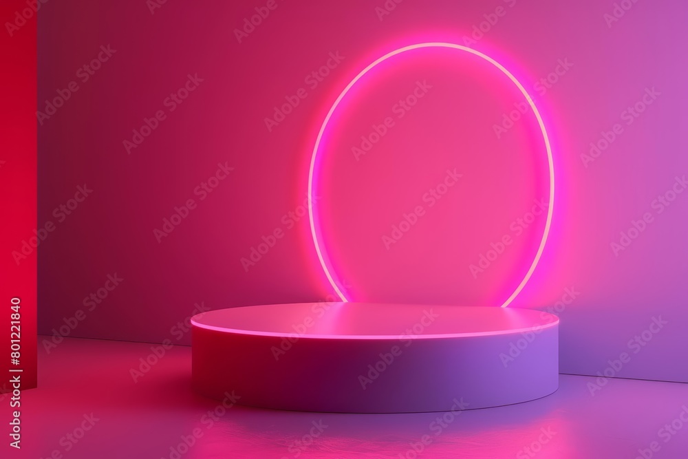 Poster a glowing pink neon circle illuminates a simple stage, casting a soft light on the minimalist struct