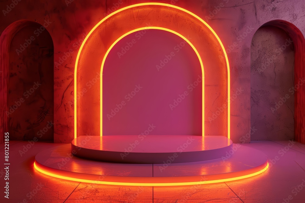 Poster create a 3d rendering of a stage with a glowing neon pink and orange frame