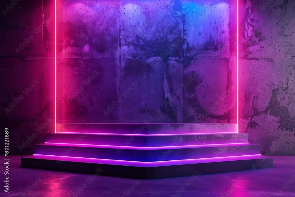 Poster create a digital art image of a stage with glowing neon lights. the stage should be made of concrete