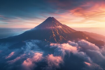 Fototapeta premium A beautiful landscape of a volcano. The sky is a deep blue and the clouds are a light pink. The volcano is a dark grey and is surrounded by a lush green forest.