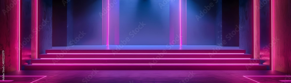 Poster create a 3d rendering of an empty stage with a glowing pink neon staircase and spotlights. the stage