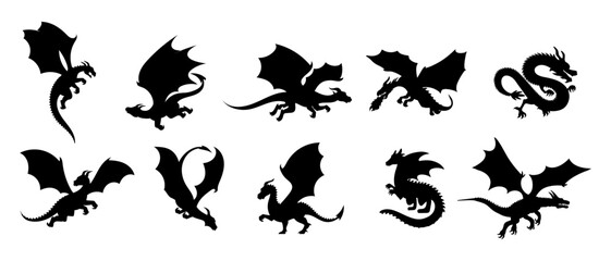 Dragon Silhouette. Dragon Crest Wings great set collection, dragon tattoo designs, Black vector illustration on white background .