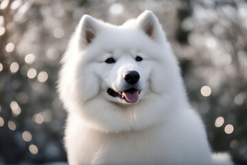 Naklejka premium 'makes variety dog samoyed it s portrait pet people combination background white expressions lovely the favorite gray happy sad naughty series animal canino cute puppy domestic mammal fur breed'
