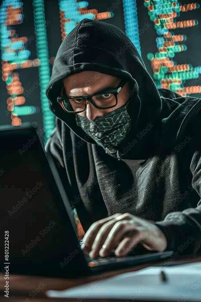 Aufkleber cybercriminal at computer engaging in dark web hacking, illustrating cybersecurity threats