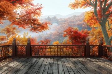 A wooden balcony with a view of a beautiful autumn landscape