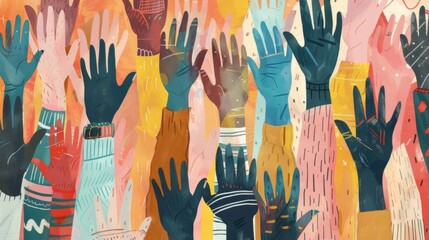 An illustration showcasing a collection of diverse and colorful hands raised up. Unity, participation, diversity, and the power of collective action in our multicultural society