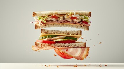 A sandwich with layers of turkey, cheese, lettuce, tomato, and cucumber, with its contents levitating between slices of bread on a light background.