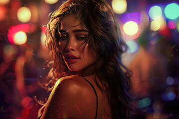 beautiful lovely woman dancing at a party in a nightclub in neon rays. woman relaxing and having fun - Powered by Adobe