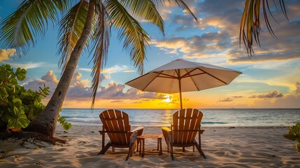 Chairs under umbrella in palm beach at sunset