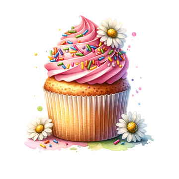 Watercolor vanilla cupcake with pink frosting and colorful sprinkles surrounded by small daisy flowers
