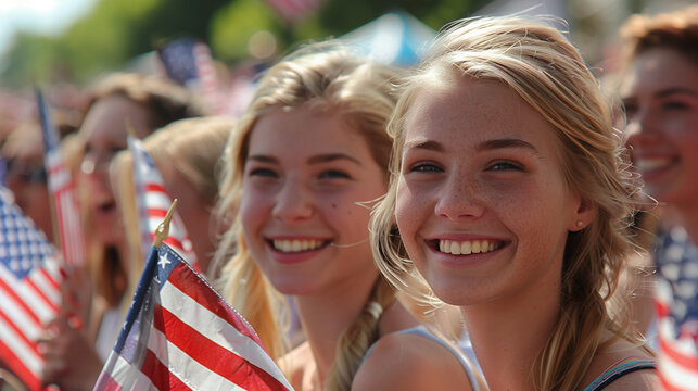 Young women smiling, holding American flags at outdoor event.
