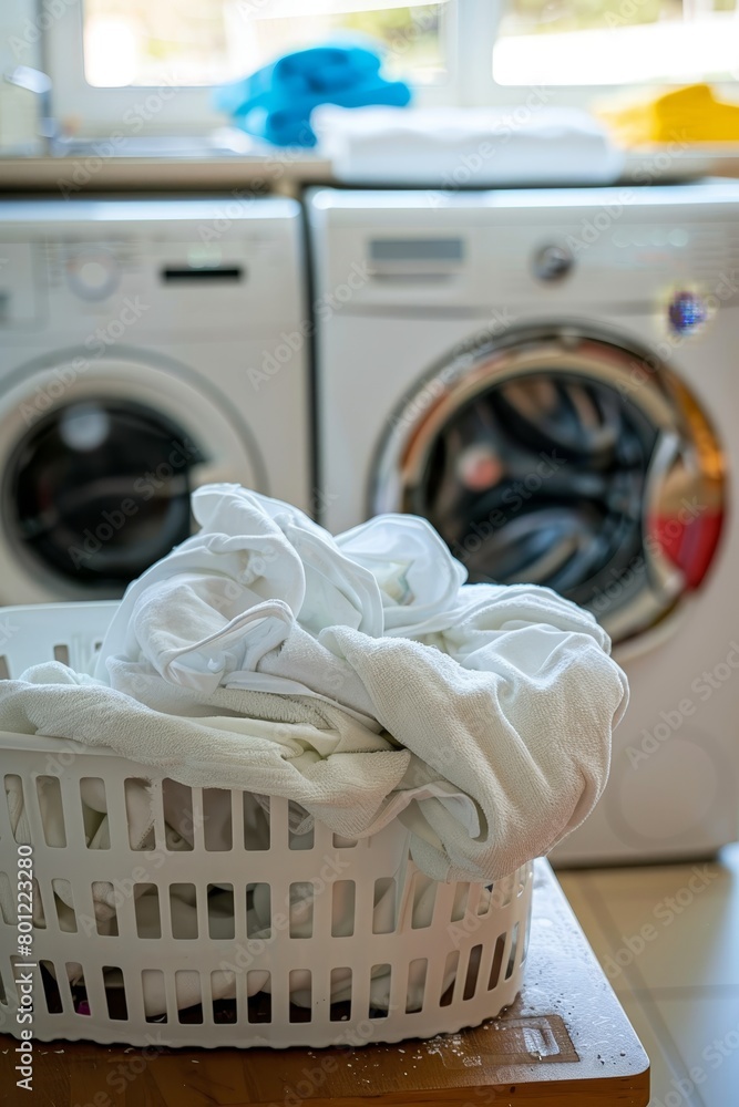Poster laundry basket and washing machine on blurred background with copy space for text placement