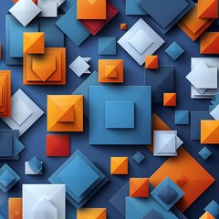 Create a seamless, repeating pattern of overlapping 3D squares. The squares should be in various shades of blue, orange, and white. The pattern should be modern and stylish.