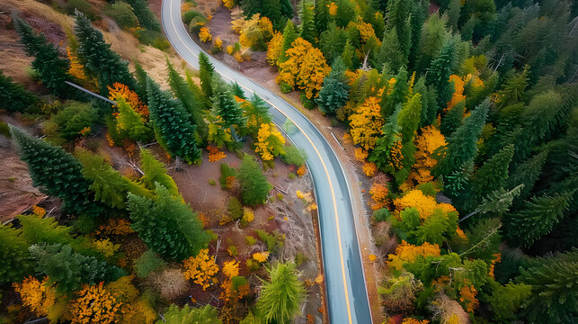 Aerial view of a winding road in the Pacific Northwest forest in autumn