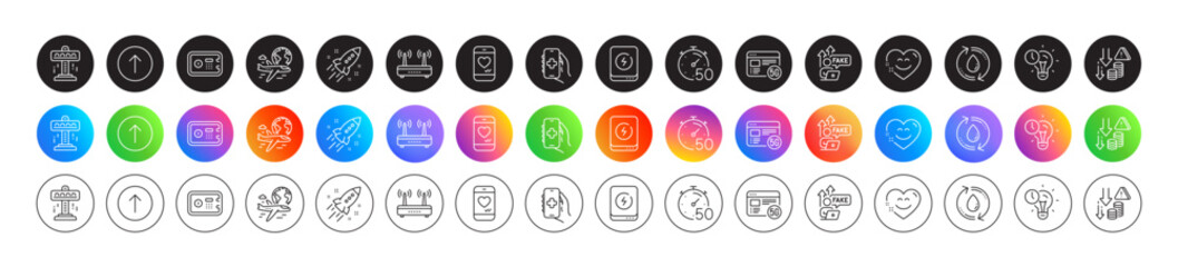 International flight, Fake internet and Power bank line icons. Round icon gradient buttons. Pack of Timer, Attraction, Refill water icon. Wifi, Safe box, Time management pictogram. Vector