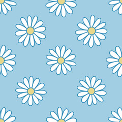 Fototapeta na wymiar Chamomile seamless pattern. Hand drawn white daisies falling on baby blue background. Cute floral allover illustration. Simple flat flowers backdrop