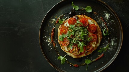 A freshly prepared pizza with tomatoes, basil, and cheese on a dark plate, dusted with spices and drizzled with a green sauce, against a dark background.