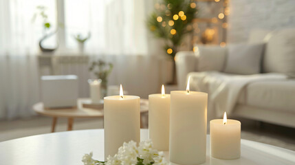 White table with burning candles in living room closeup