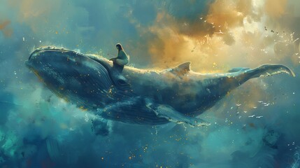 A colossal whale gently swims with a human on its back amidst a dreamlike underwater world sprinkled with light.