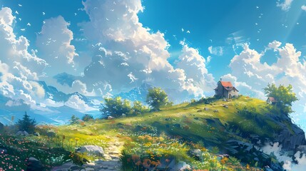 An enchanting hilltop is adorned with vibrant flowers and quaint cottages, offering a serene escape into nature, Digital art style, illustration painting.