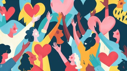 Charity illustration concept with abstract, diverse persons, hands and hearts. Community compassion, love, and support towards those in need