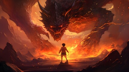 In an intense scene, a young hero runs from a ferocious dragon unleashing a fiery onslaught in a desolate landscape.