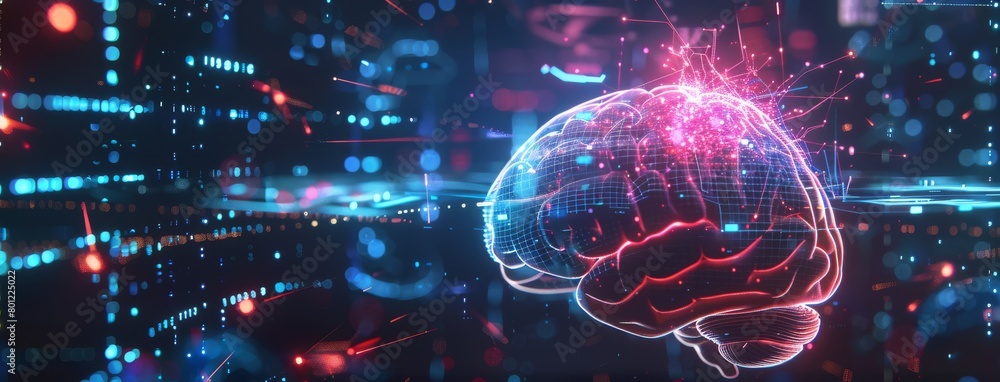 Poster futuristic brain visualization in a digital landscape with glowing connections and data flows
