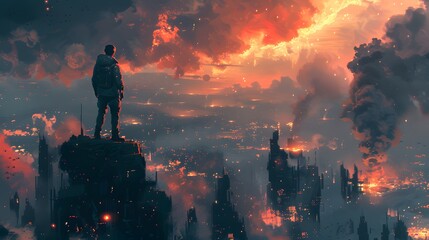 A lone observer stands atop a ruin, witnessing the cataclysmic spectacle of a city consumed by fiery destruction under a darkened sky.