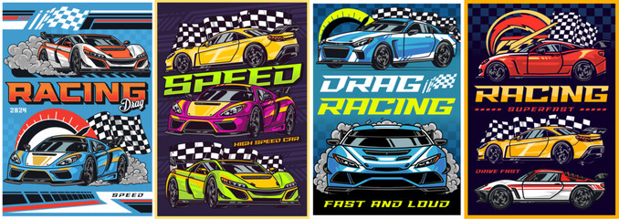 Racing automobiles set posters colorful