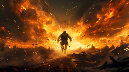 An astronaut runs from a catastrophic explosion, with debris and fire engulfing the atmosphere of a hostile alien world.