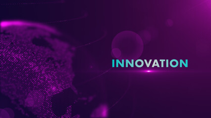 Futuristic Innovation Lettering On Purple Blue Shiny Partial View Of Dotted Globe Earth World Map, Positioned In Bottom Left Corner With Bokeh Light Flare Background