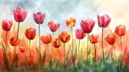 Obraz premium Digital art of colorful tulips reaching towards a clear, sunny sky with a painterly texture and vivid splashes of color.