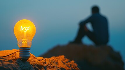 A glowing lightbulb symbolizing the spark of inspiration and innovative thinking. In the background, a silhouetted figure ponders, representing the pursuit of creative solutions and fresh ideas