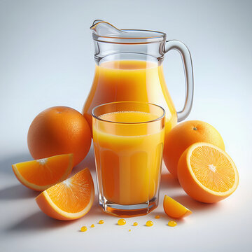 Vaso y jarra de vidrio llenos de jugo de naranja. Jugos de frutas naturales. Frescura y salud.